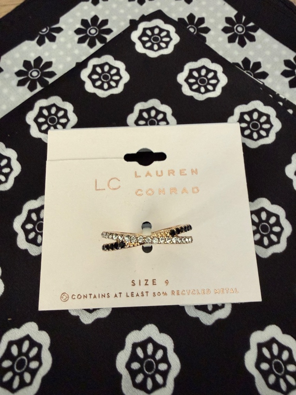 LC Lauren Conrad Gold-Tone Crisscross Ring with Black and Clear Stones